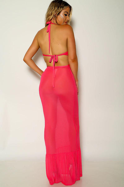 Hot Pink Mesh Sleeveless O-Ring Maxi Party Dress - AMIClubwear