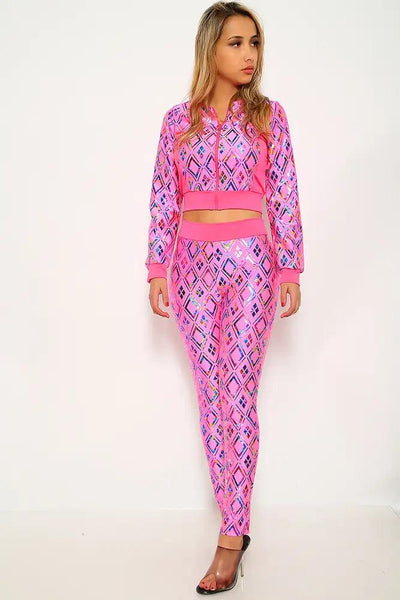 Hot Pink Rainbow Metallic Two Piece Outfit - AMIClubwear