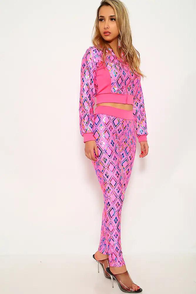 Hot Pink Rainbow Metallic Two Piece Outfit - AMIClubwear