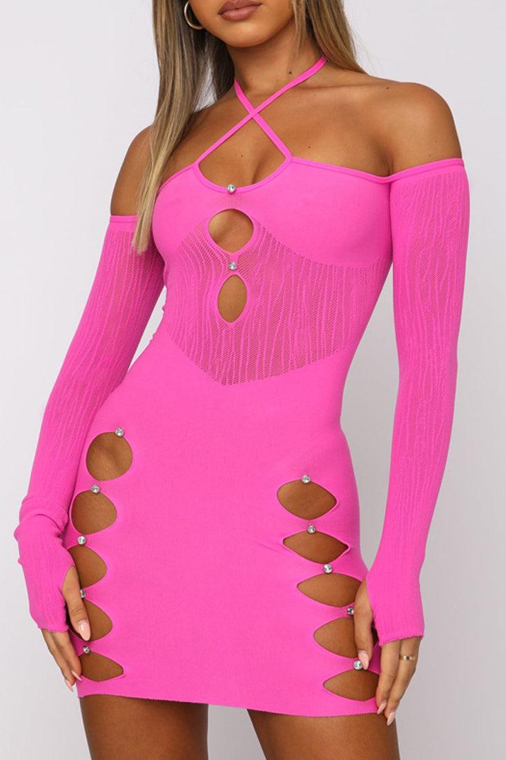 Hot Pink Rhinestone Cut Out Mini Club Dress - AMIClubwear