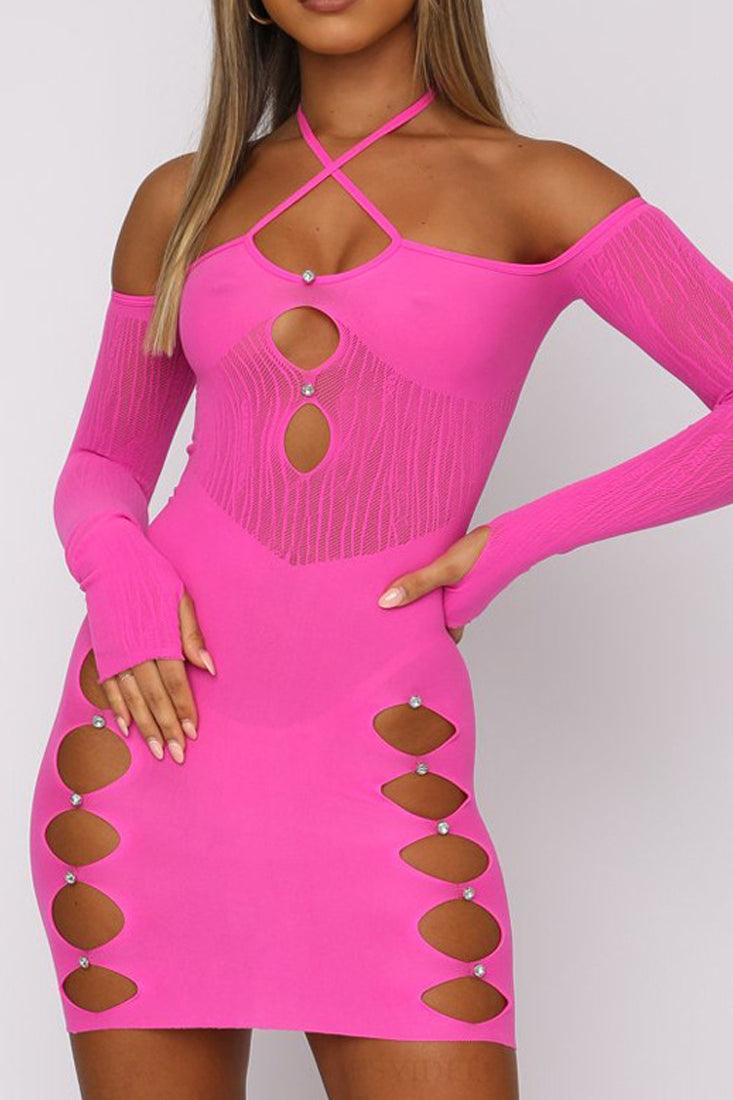 Hot Pink Rhinestone Cut Out Mini Club Dress - AMIClubwear