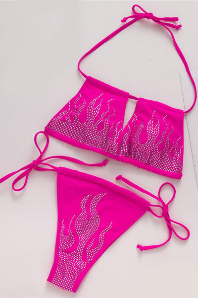 Hot Pink Rhinestone Square Halter Top 2 Pc Bikini Set - AMIClubwear