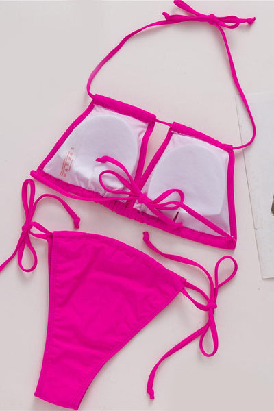 Hot Pink Rhinestone Square Halter Top 2 Pc Bikini Set - AMIClubwear