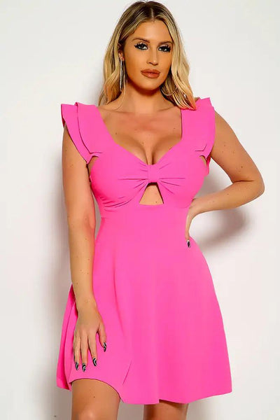 Hot Pink Ruffle Sleeve Key Hole A-Line Dress - AMIClubwear