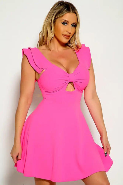 Hot Pink Ruffle Sleeve Key Hole A-Line Dress - AMIClubwear