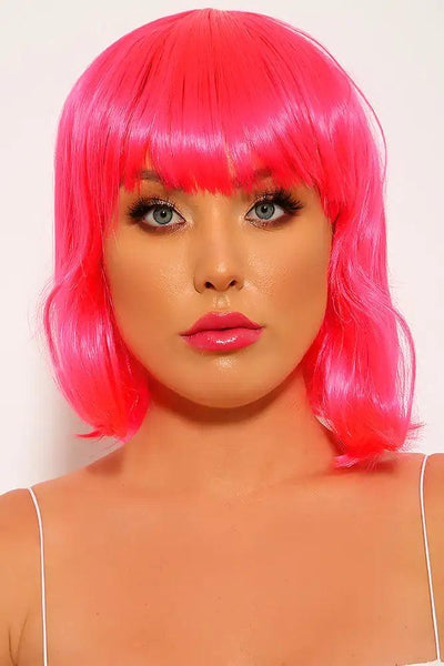 Hot Pink Side Bangs Bob Costume Wig - AMIClubwear