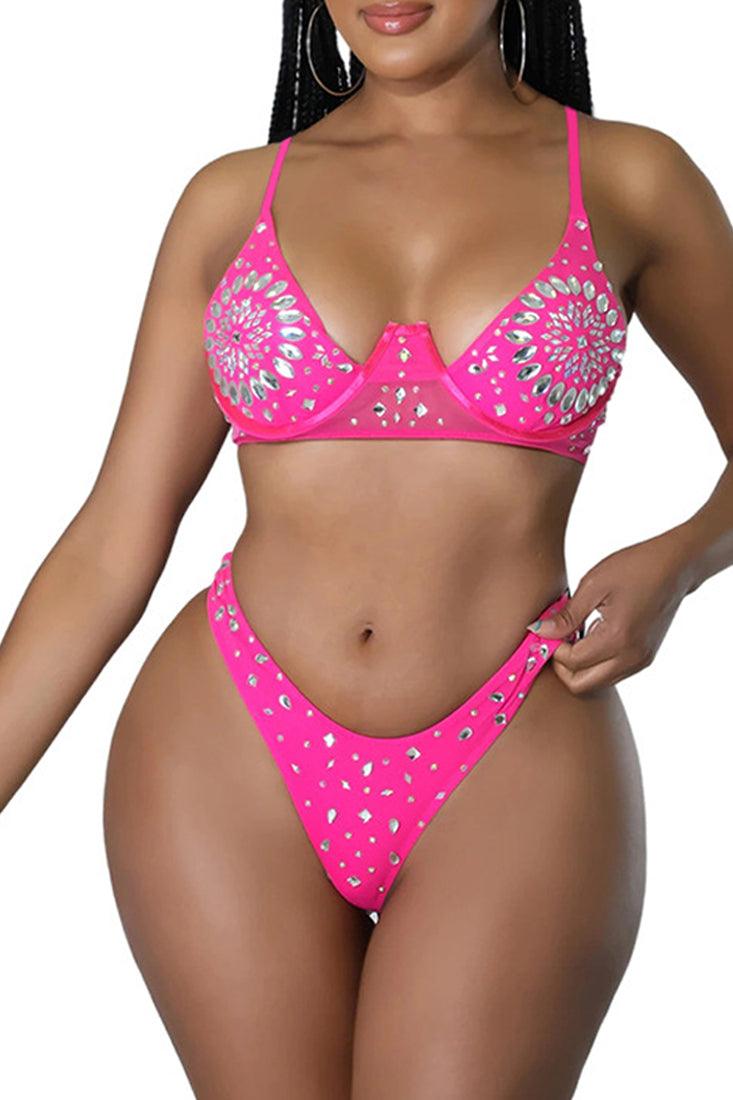 Hot Pink Silver Rhinestones Mesh Three Piece Outfit - AMIClubwear
