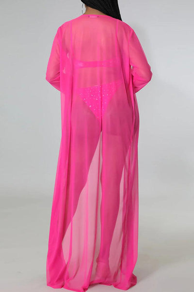 Hot Pink Silver Rhinestones Mesh Three Piece Outfit - AMIClubwear