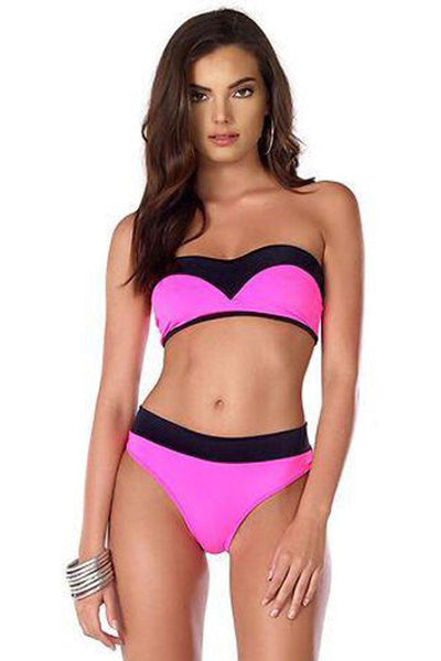 Hot Pink Strapless Sweetheart Bandeau 2 Pc Swimsuit - AMIClubwear