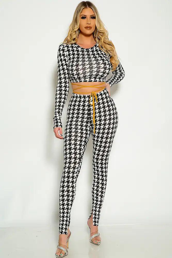 Houndstooth Long Sleeve Cropped Strappy Wrap Around Two Piece Outfit - AMIClubwear