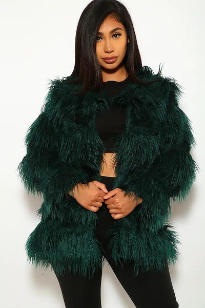 Hunter Green Faux Fur Long Sleeves Coat - AMIClubwear