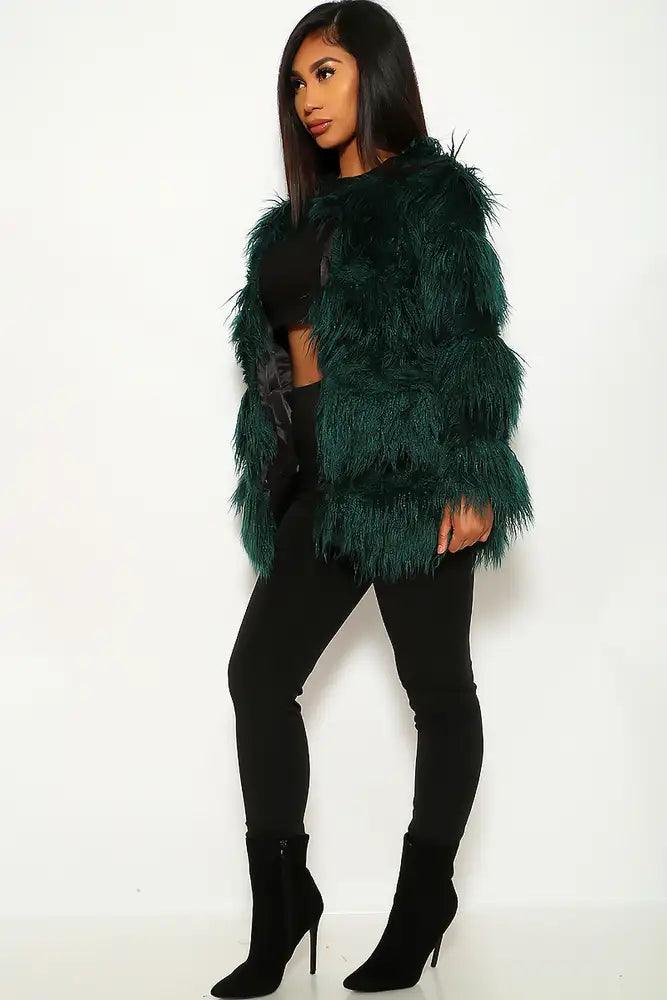 Hunter Green Faux Fur Long Sleeves Coat - AMIClubwear