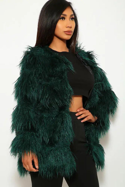 Hunter Green Faux Fur Long Sleeves Coat - AMIClubwear