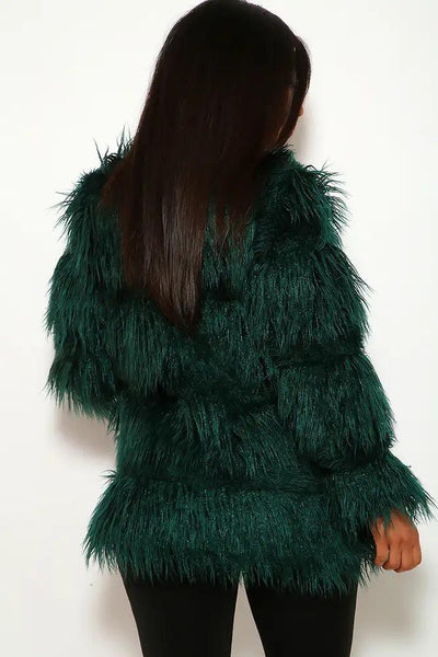 Hunter Green Faux Fur Long Sleeves Coat - AMIClubwear