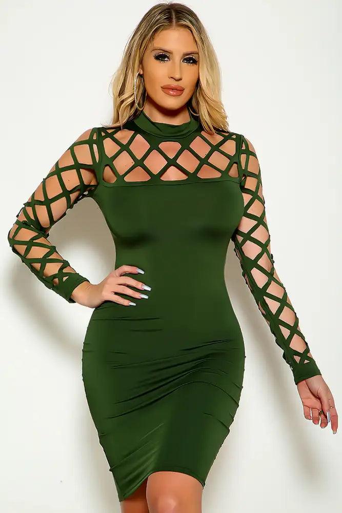 Hunter Green Long Sleeve Caged Detail Party Dress - AMIClubwear