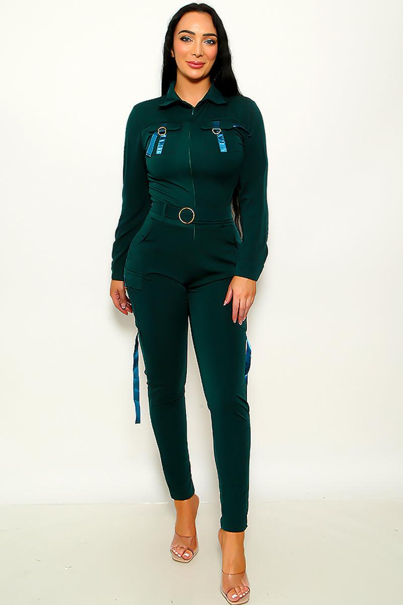 Hunter Green Zip Up Belted Jumpsuit - AMIClubwear