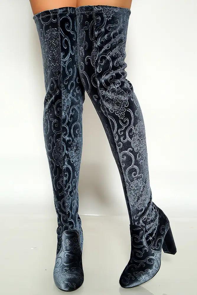Ice Blue Embroider Paisley Thigh High Chunky Heel Boots Faux Velvet - AMIClubwear