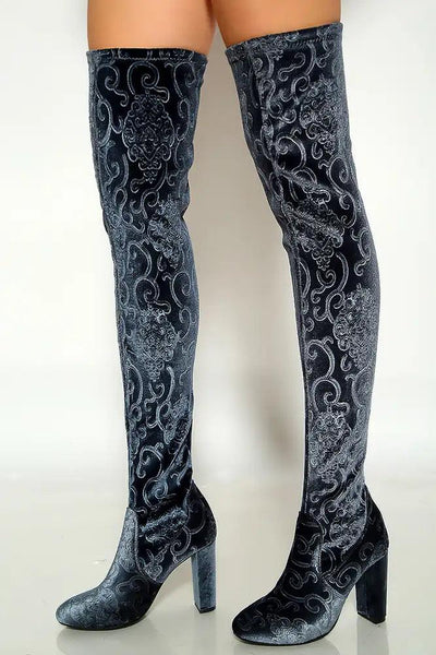 Ice Blue Embroider Paisley Thigh High Chunky Heel Boots Faux Velvet - AMIClubwear