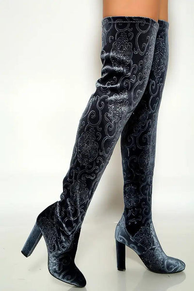 Ice Blue Embroider Paisley Thigh High Chunky Heel Boots Faux Velvet - AMIClubwear