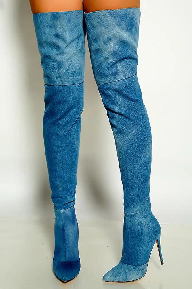 Ice Denim Pointy Toe Tie Dye Single Sole Thigh High Boots - AMIClubwear
