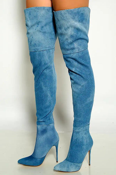 Ice Denim Pointy Toe Tie Dye Single Sole Thigh High Boots - AMIClubwear