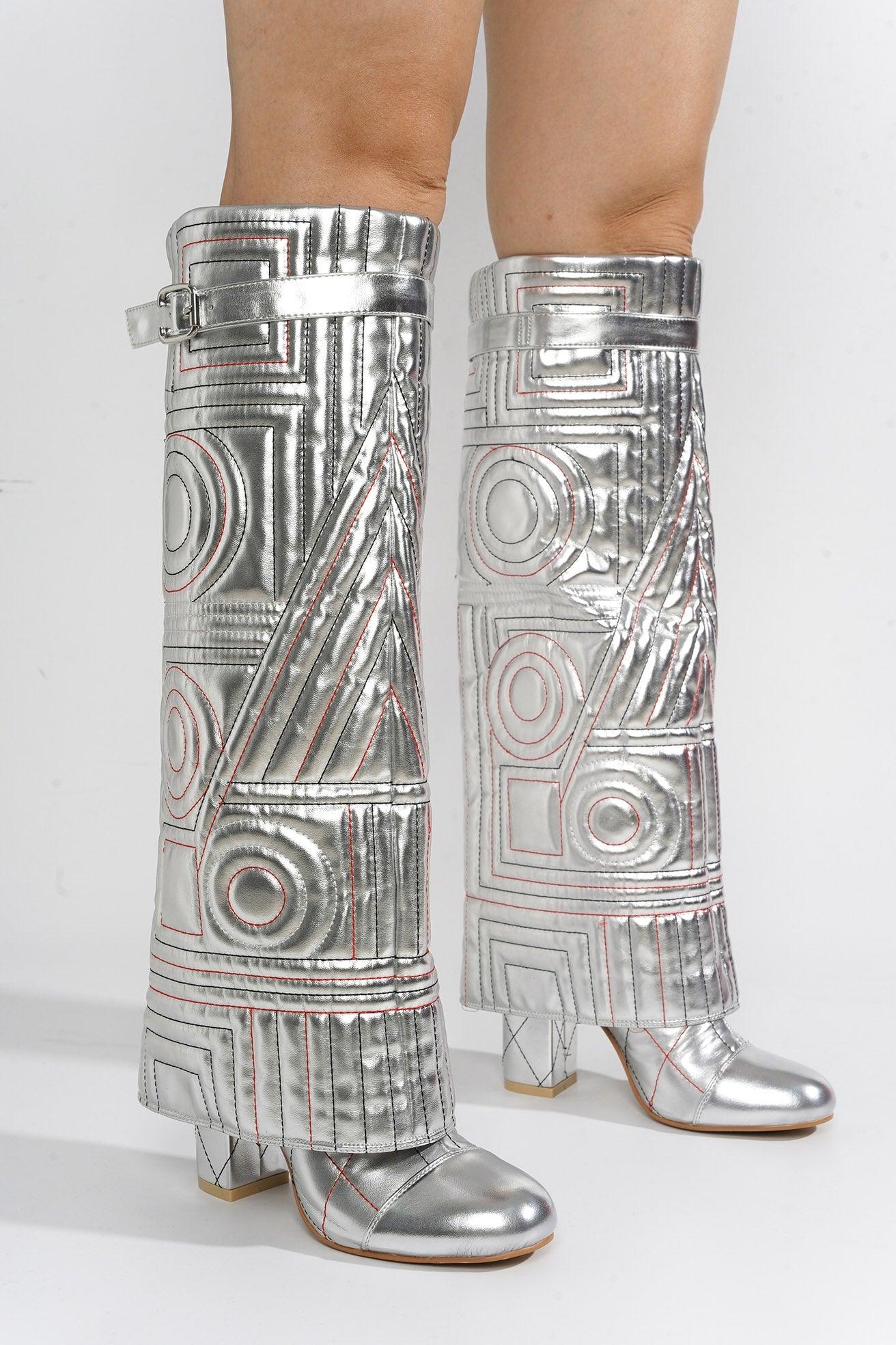 INITIAL - SILVER Thigh High Boots - AMIClubwear