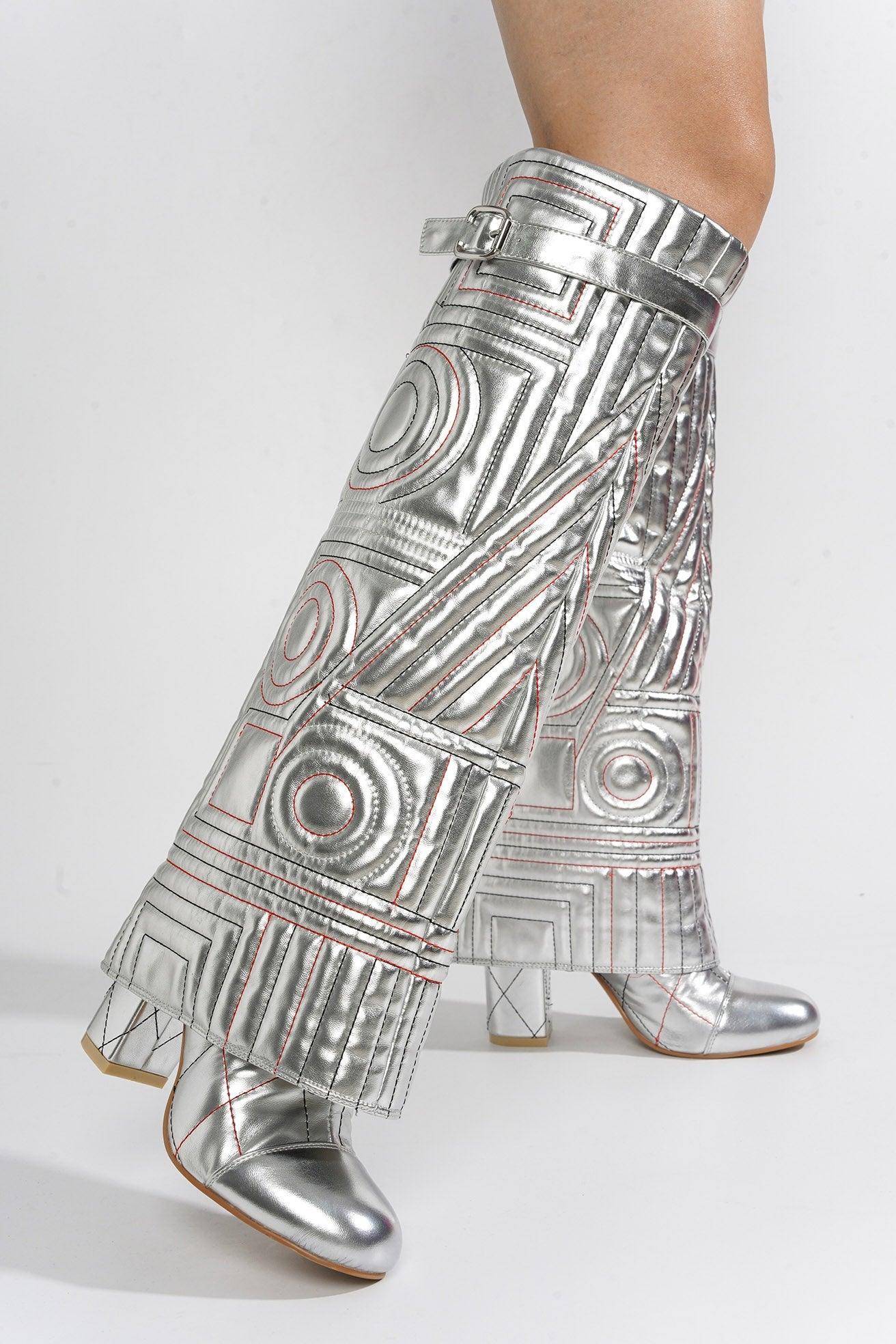 INITIAL - SILVER Thigh High Boots - AMIClubwear