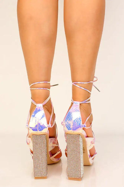 Iridescent Rhinestones Lace Up Chunky Heels - AMIClubwear