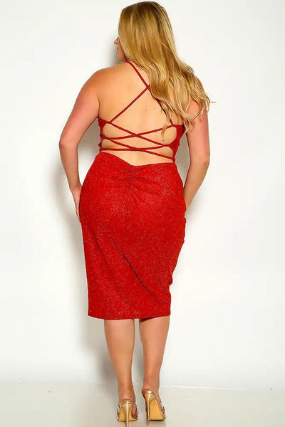 Iron Halter Back Lace Up Shimmer Plus Size Dress - AMIClubwear