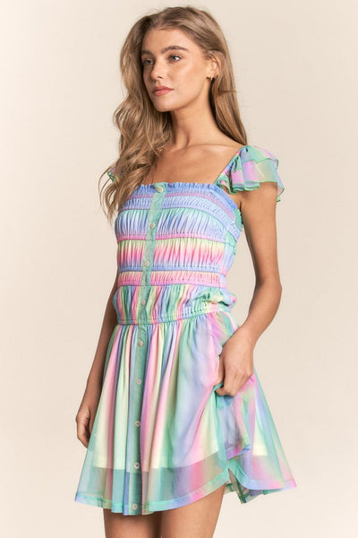 J.NNA Rainbow Smocked Mini Mesh Dress - AMIClubwear