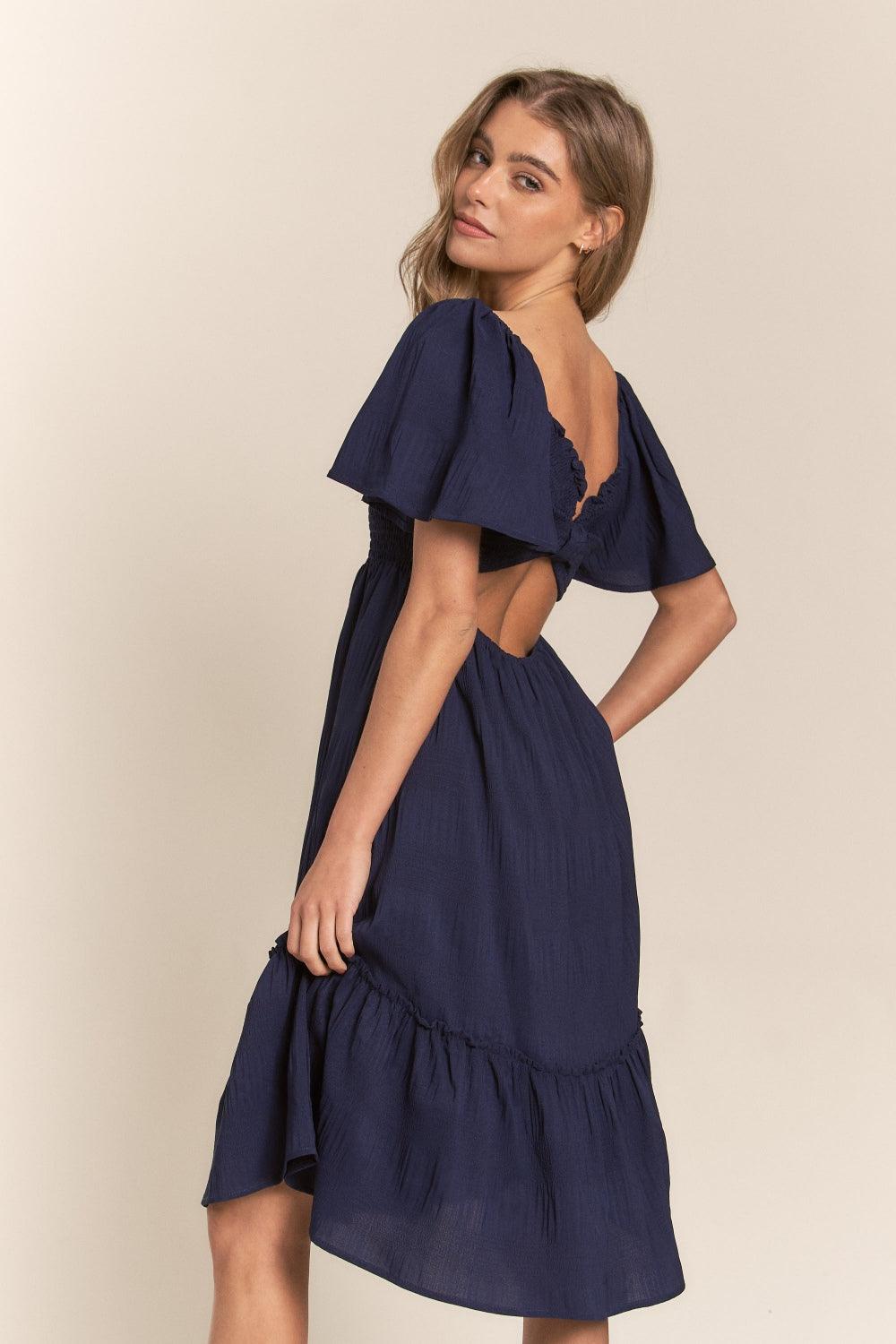 J.NNA Smocked Bow Back Ruffle Hem Dress - AMIClubwear