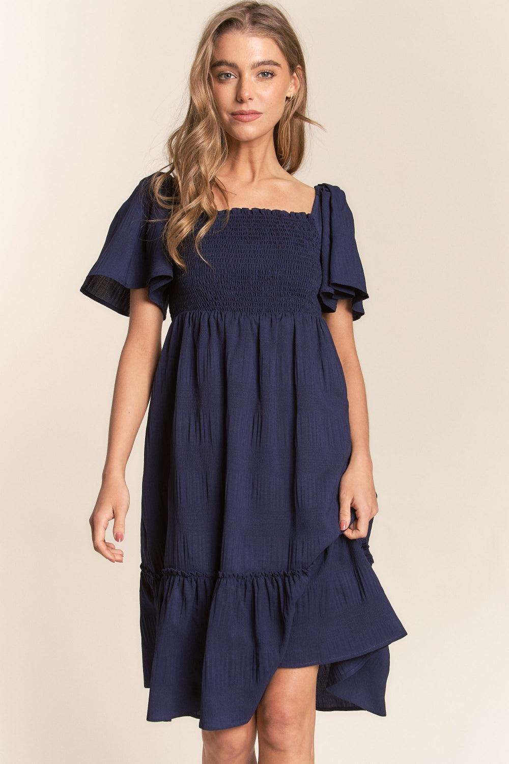 J.NNA Smocked Bow Back Ruffle Hem Dress - AMIClubwear