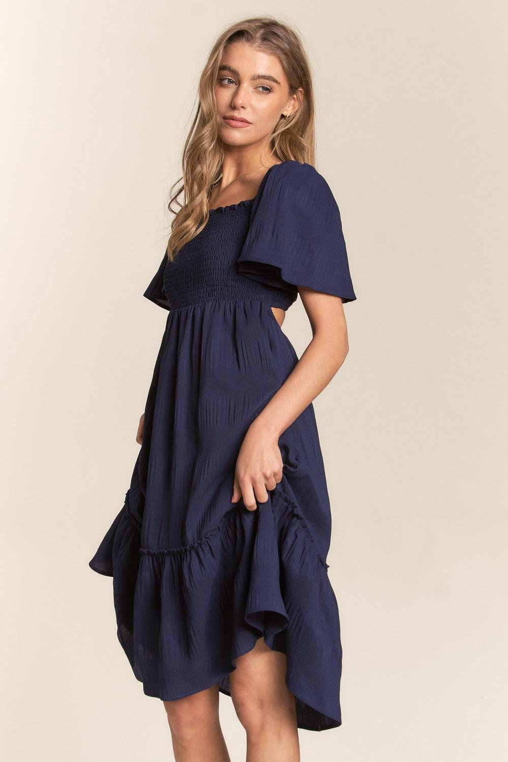 J.NNA Smocked Bow Back Ruffle Hem Dress - AMIClubwear