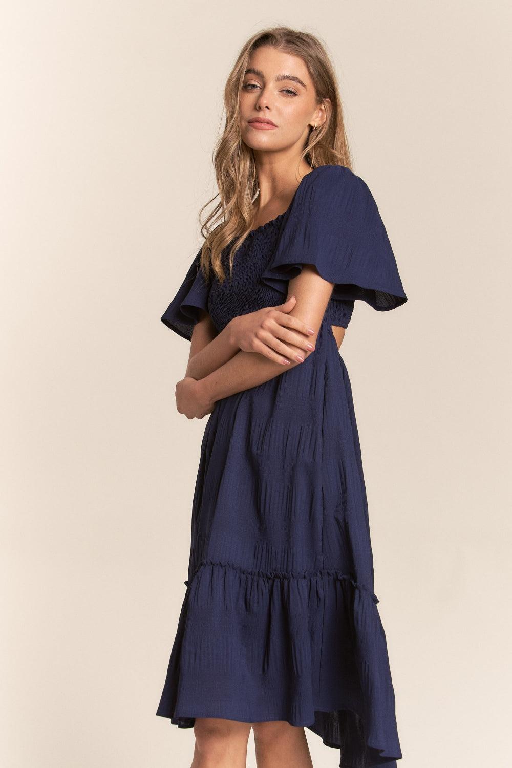 J.NNA Smocked Bow Back Ruffle Hem Dress - AMIClubwear