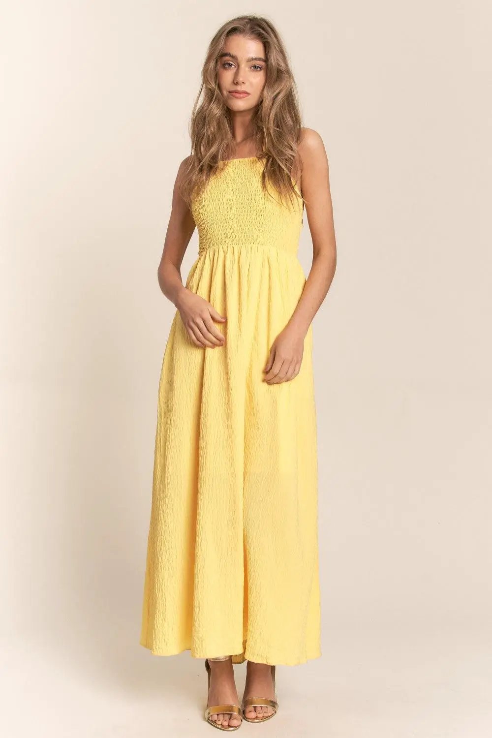 J.NNA Texture Crisscross Back Tie Smocked Maxi Dress