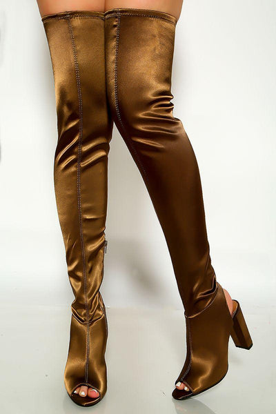 Khaki Brown Satin Open Toe Thigh High Chunky Heel boots - AMIClubwear