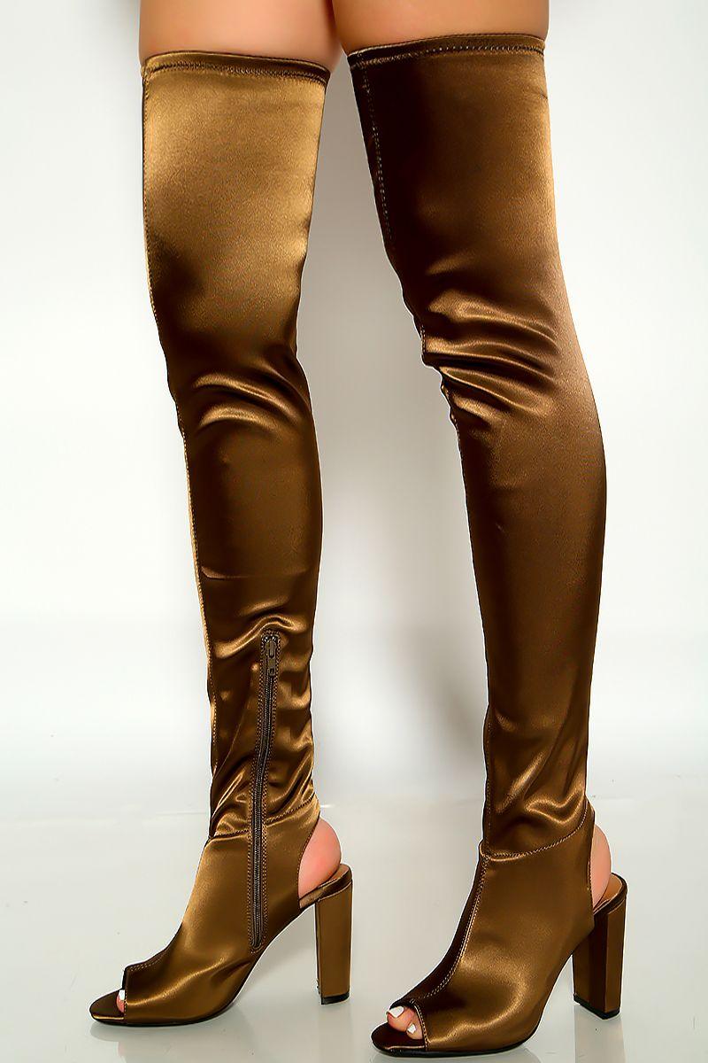 Khaki Brown Satin Open Toe Thigh High Chunky Heel boots - AMIClubwear