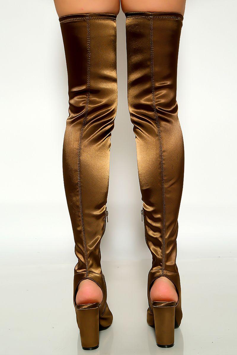 Khaki Brown Satin Open Toe Thigh High Chunky Heel boots - AMIClubwear