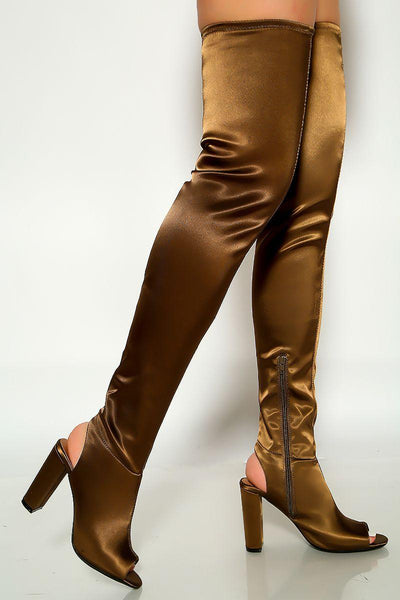 Khaki Brown Satin Open Toe Thigh High Chunky Heel boots - AMIClubwear