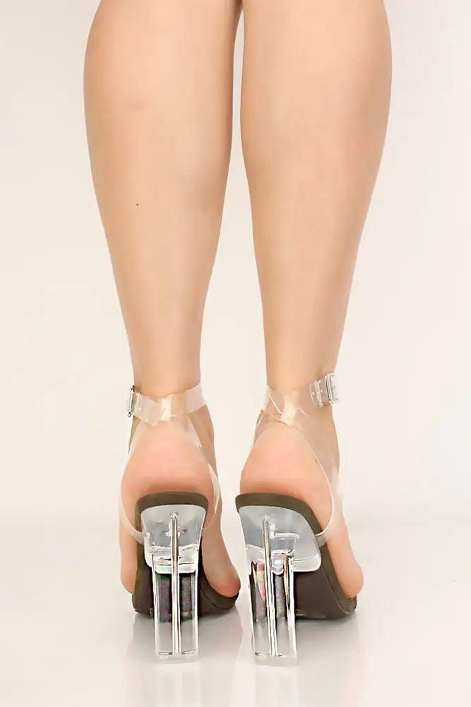 Khaki Clear Strappy Slim Chunky High Heels - AMIClubwear