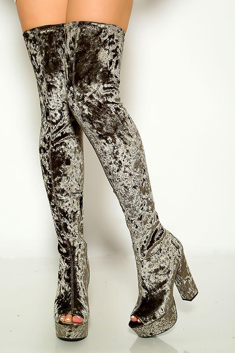Khaki Crushed Velvet Peep Toe Platform Chunky Heels Thigh High Boots - AMIClubwear