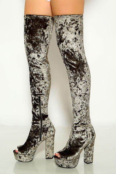 Khaki Crushed Velvet Peep Toe Platform Chunky Heels Thigh High Boots - AMIClubwear