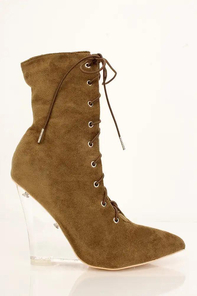 Khaki Faux Suede Pointy Toe Wedge Booties - AMIClubwear