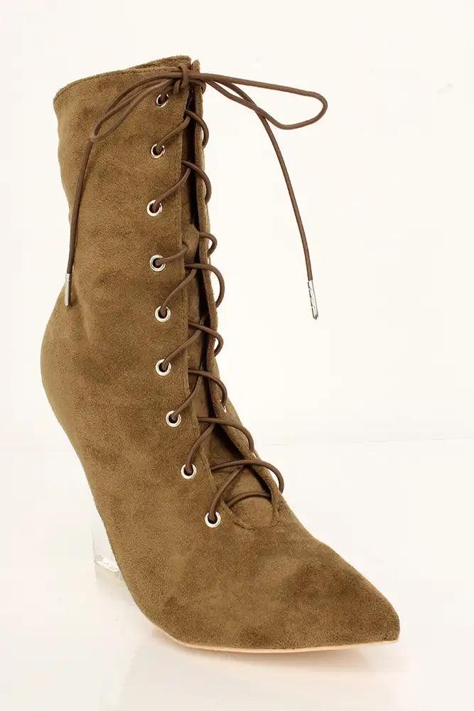 Khaki Faux Suede Pointy Toe Wedge Booties - AMIClubwear