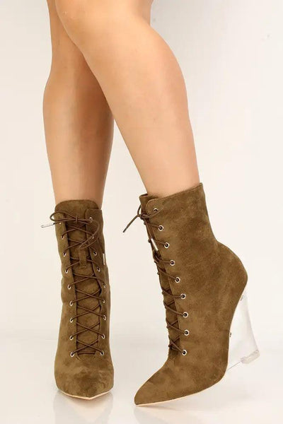 Khaki Faux Suede Pointy Toe Wedge Booties - AMIClubwear