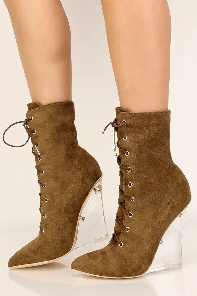 Khaki Faux Suede Pointy Toe Wedge Booties - AMIClubwear