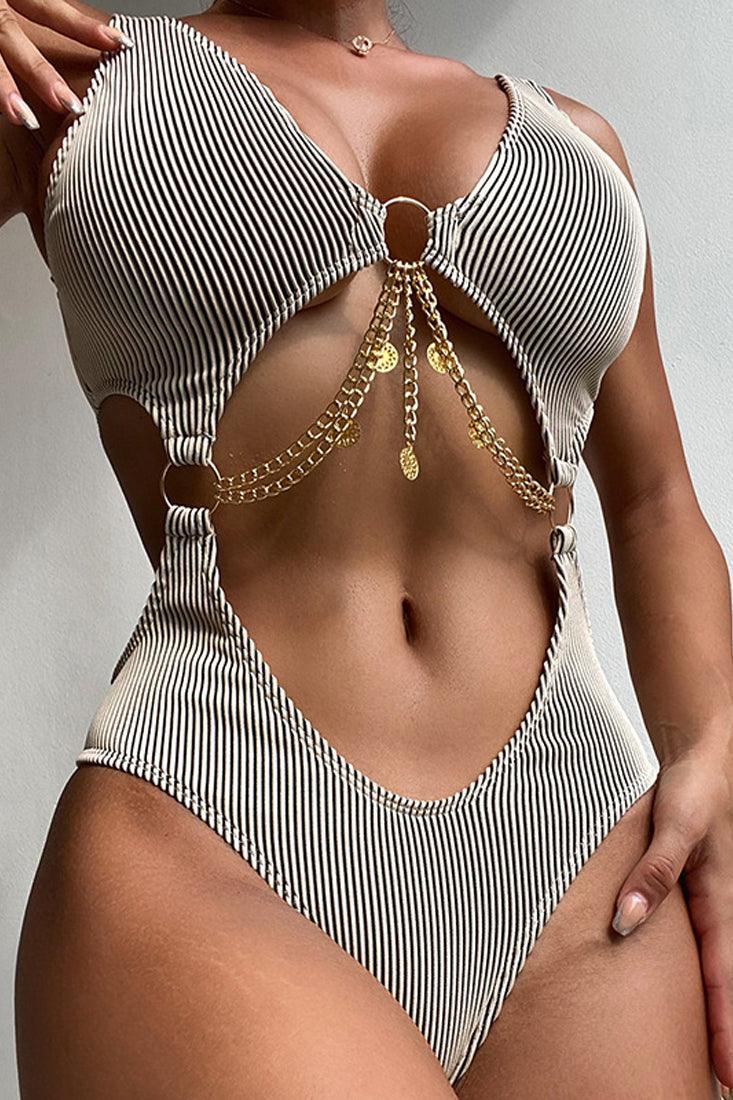 Khaki O-Ring Chain Linked Hollow Out Ribbed Monokini - AMIClubwear