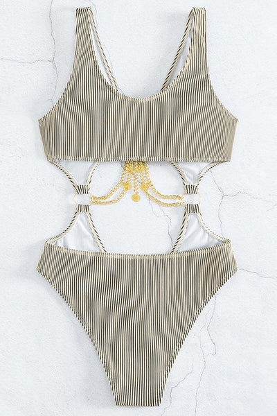 Khaki O-Ring Chain Linked Hollow Out Ribbed Monokini - AMIClubwear