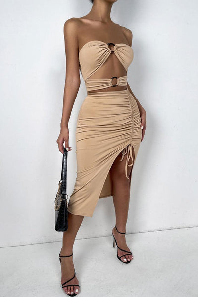 Khaki Strapless Hollow Out O-Ring Ruched Sexy Party Dress - AMIClubwear