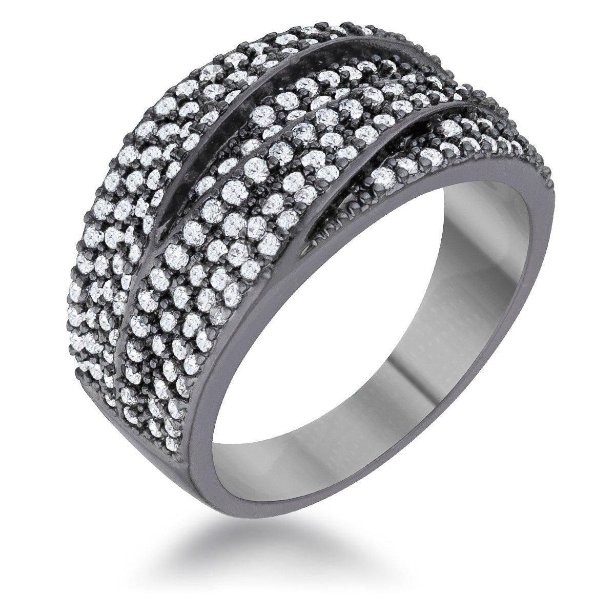 Kina 1.7ct Clear And Jet Black CZ Hematite Contemporary Cocktail Ring, <b>Size 5</b> - AMIClubwear